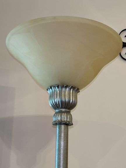 Gold tone floor lamp with glare glass shade…..70” tall