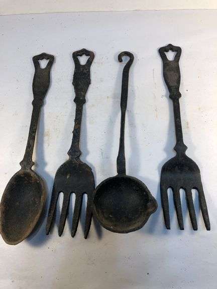 Vintage old fashioned kitchen utensils. Oversized spoon, 2 forks and ladel.  10.5 to 11” L x 2 to 3”W approx.