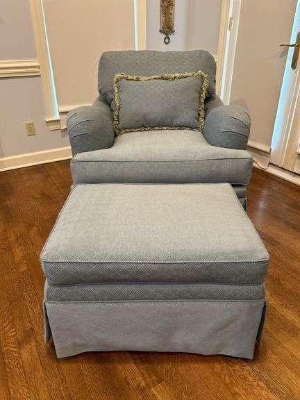 Matching tweed upholstered accent chair and ottoman (on casters)…..chair measures 38 x 25 x 19 to seat (31 tall overall)…..ottoman measures 27-1/2 x 21-1/2 x 16 tall…..shows wear from normal use but lots of life left image