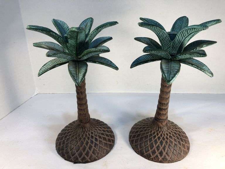 Unusual vintage pair of cast iron palm tree candle holders. Green and brown. 7 3/4” H. Base 4”W.