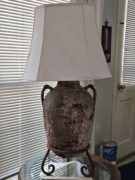 Very large 40" berber pot lamp in iron stand w/20" square linen shade... image