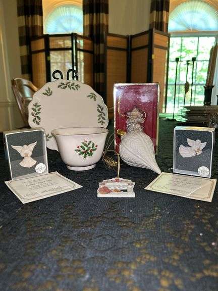 Collection of LENOX ivory and white gold trimmed Christmas items…..please see all pics…..the head of the angel Limoges-style ornament needs reattached image