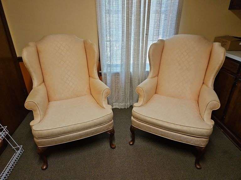 Pair of Light Pink upholstered Queen Anne wingback chairs by Sherrill Furniture... image