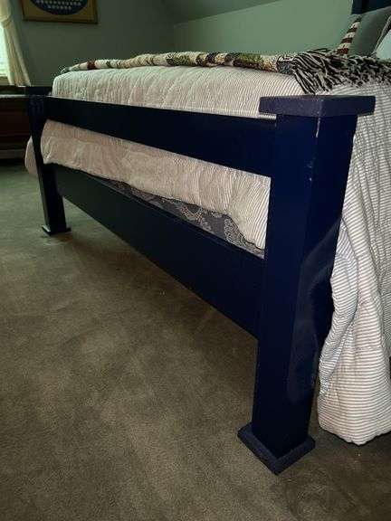 Wooden full size bed with cut out stars headboard, Hilfiger reversible quilt (has American flag on reverse) and Sealy mattress set