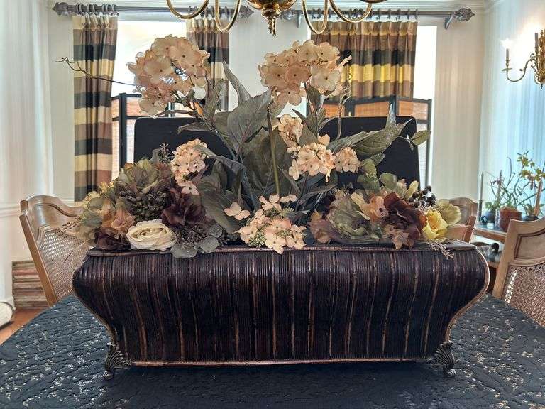 Faux wood decorative chest with artificial hydrangeas, roses and other florals…..24-1/2 x 10 x 17-1/2 with open top image