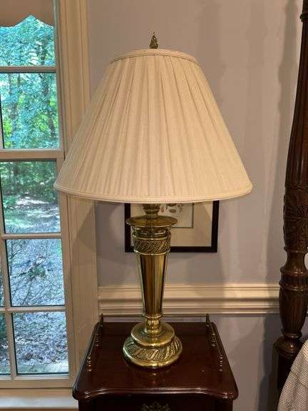 Great looking Stiffel solid brass trophy-style base lamp with flared/pleated cloth shade….34” tall image