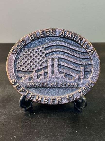 Steel 9/11 memorial keepsake…..cast in USA from steel from The World Trade Center…4-1/2 x 3-1/2 image
