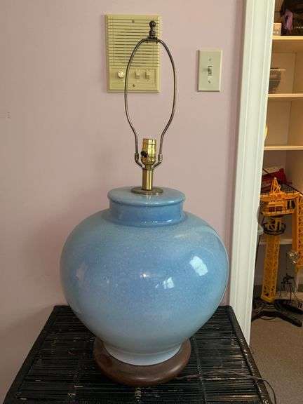 Blue urn-style ceramic base lamp (shade)……32” tall image