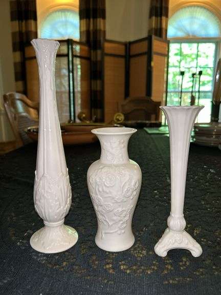 Vintage Lenox Special Ming Blossom Collection Bud Vase (6-1/2” tall), (2) vintage Lenox Florentine Collection Bud Vases (7-1/2” and 10-3/4” tall) image