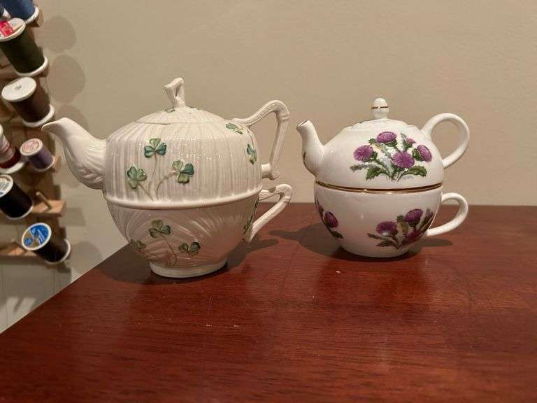 Belleek Shamrock Tea for One set and handpainted china from Scotland Tea for One set image