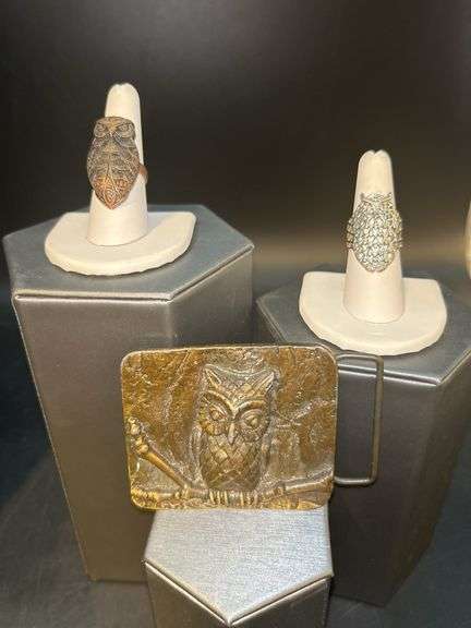 Vintage brass owl belt buckle, copper owl ring ( size 7-1/2) and silver tone ring (size 7-1/2)