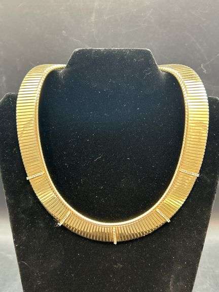 Gold tone choker with rows of clear stones…..clasp needs adjusted and tightened image