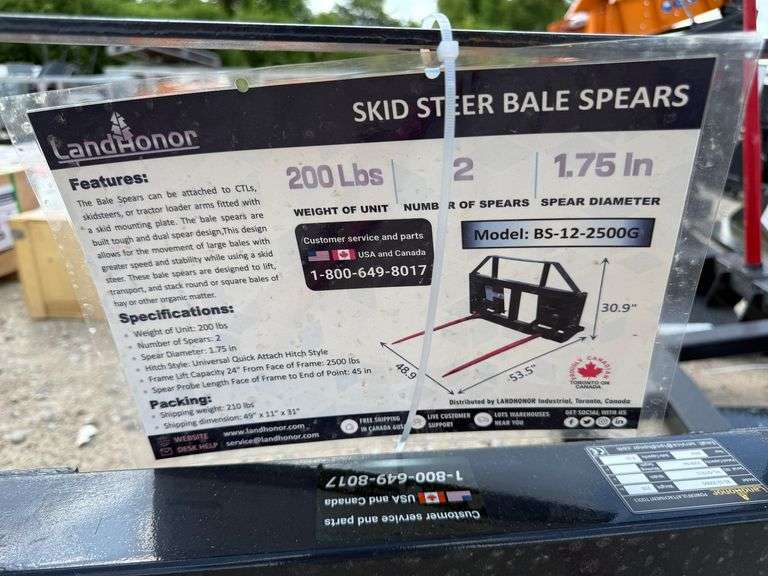 Unused 2024 Landhonor Skid Steer Bale Spear, BS--12-2500G