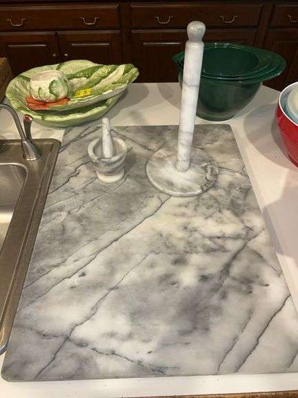 (3) fabulous pieces of gray/white marble….mortar/pestle set, paper towel holder and dough block image