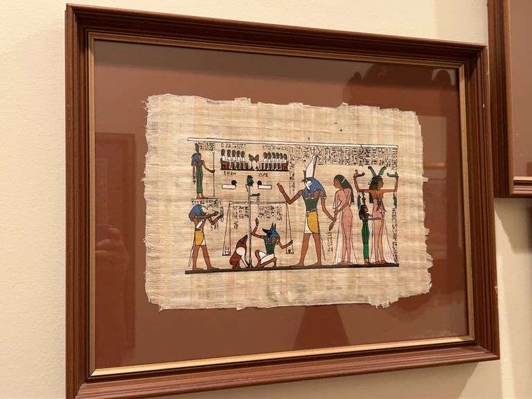 Egyptian Themed Papyrus painting “Weighing of the Heart”…..18 x 14…..frame has blemish image