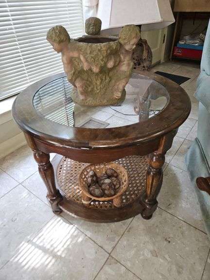 Vintage 26x20 round glass top end table INCLUDES BASKET OF LEATHER, BOUND ROCKS AND FLOWER POT... image