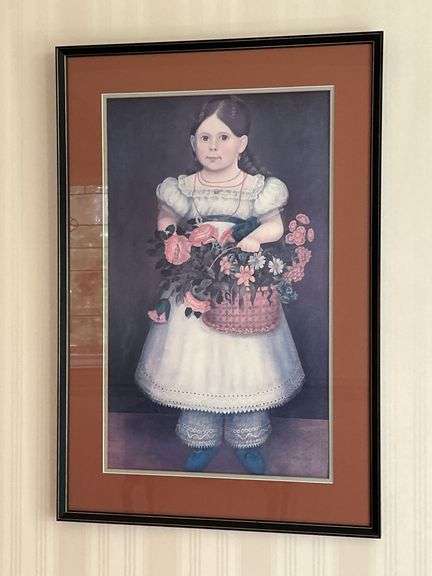 Vintage American Folk Art Print of Canvas Girl with Basket of Flowers…..23 x 33-3/4 image