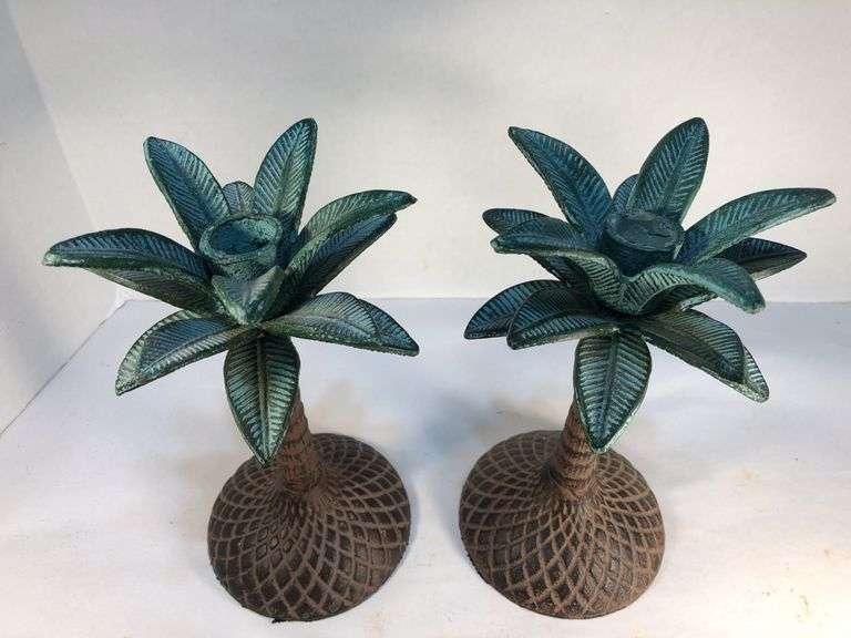 Unusual vintage pair of cast iron palm tree candle holders. Green and brown. 7 3/4” H. Base 4”W.