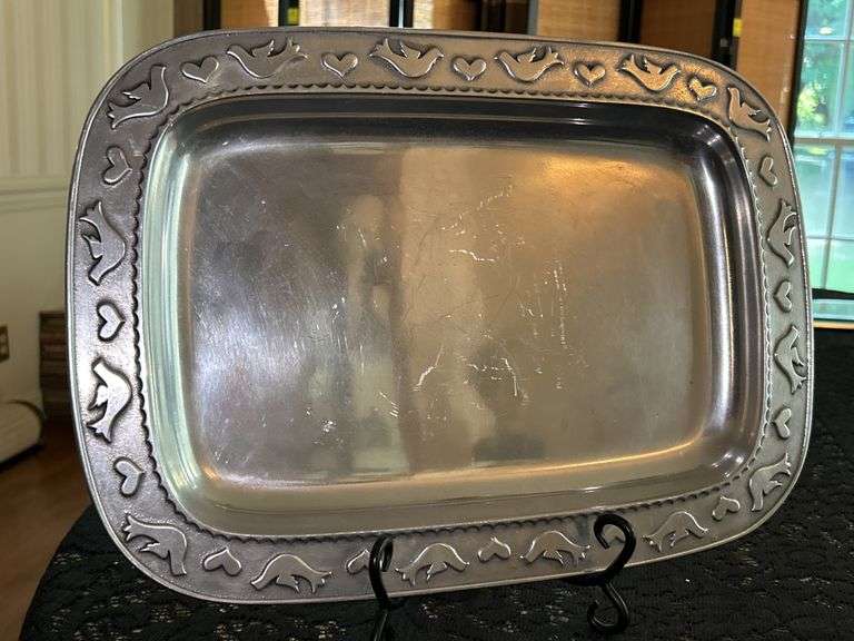 Very nice Wilton Armetale rectangular pewter serving platter featuring a "Doves & Hearts" design…..17 x 12 image