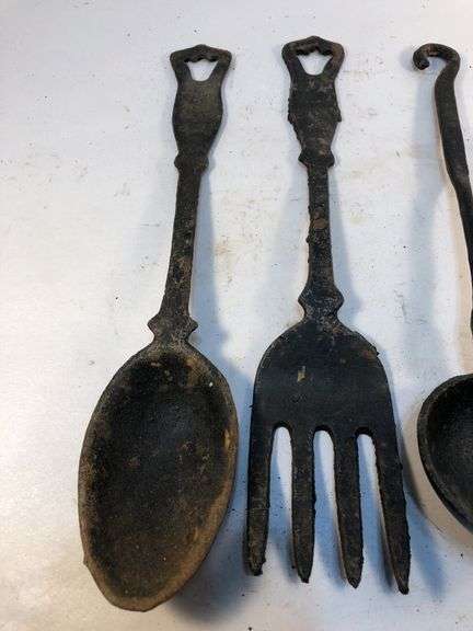 Vintage old fashioned kitchen utensils. Oversized spoon, 2 forks and ladel.  10.5 to 11” L x 2 to 3”W approx.