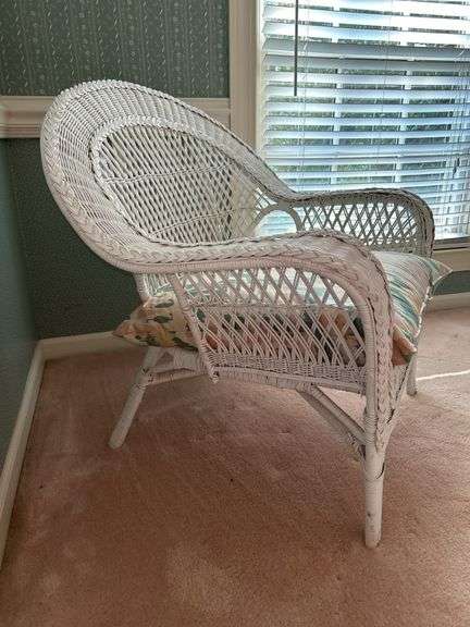 White wicker chair with cushion…..31-3/4 x 23 x 18 to top of cushion (32 tall overall)