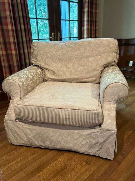 Haverty’s plush scroll arm oversized chair…..45 x 25 x 19 to seat (33 tall overall)…..small stain on seat…..cushions reversible image