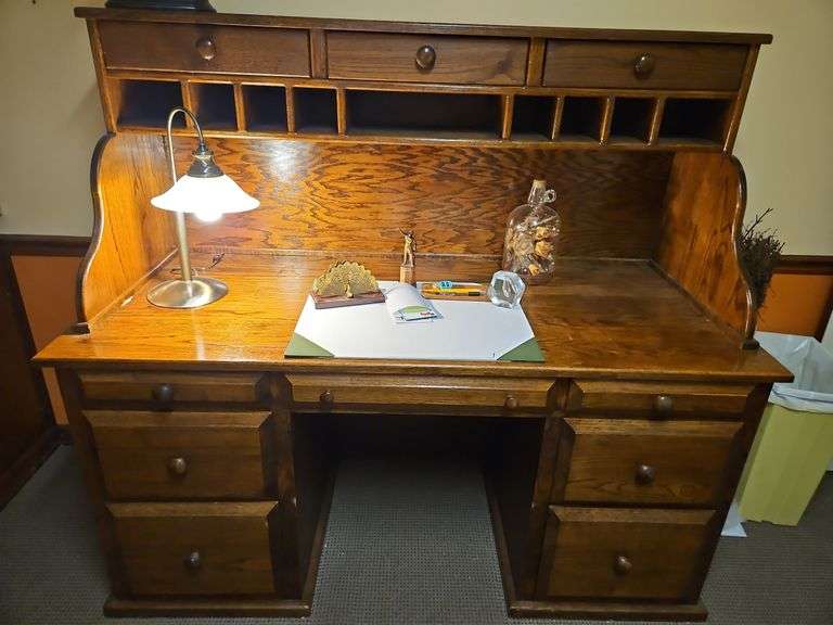 Very large, very heavy oak desk...Top Part is removable for transport...LAMP NOT INCLUDED... image