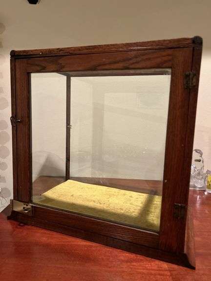 Vintage glass display case with single glass shelf and velvet lined bottom…..16-3/4 x 10-1/2 x 15-1/2 tall