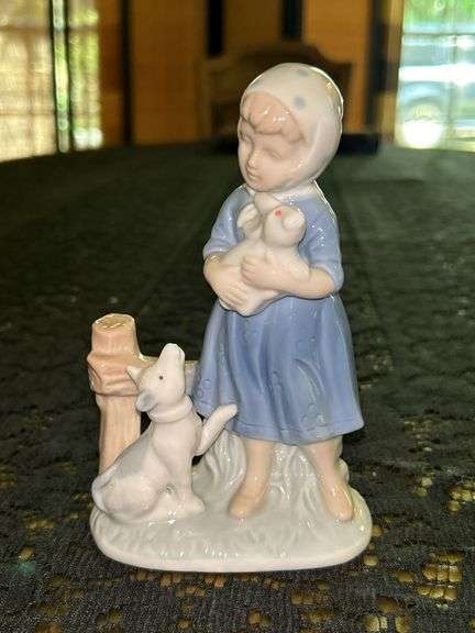 Vintage Porcelain Figurine of Girl in Blue Dress Holding White Bunny Rabbit with Dog by her side….5-3/4” tall….original label which reads by Lego image