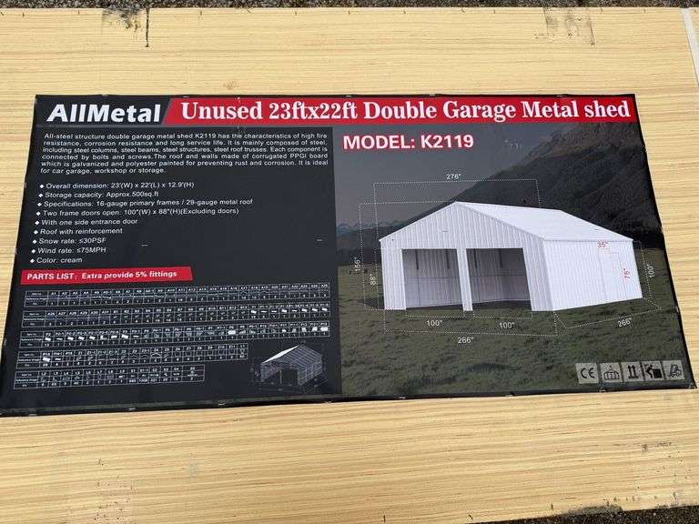 Unused 2024 AllMetal Double Garage Metal Shed, K2119