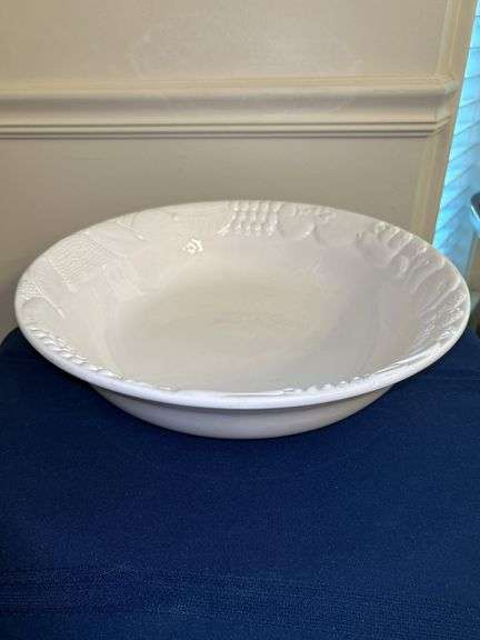 Great looking Gibson Housewares white ceramic bowl with fruit motif…..14-3/8D x 3-1/2” tall image
