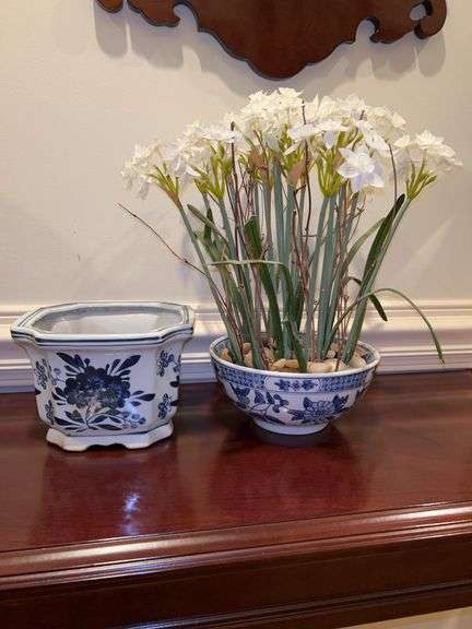 (2) very nice blue/white planters…..one has rocks and artificial daffodils image
