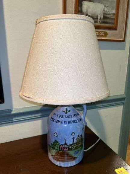 Farm Life Pennsylvania Pottery lamp with canvas shade…..19-1/2” tall image