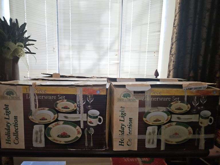 Five(5) boxes of TREES n TRENDS Holiday Light Collection 16-piece0 dinnerware set SEE DESCRIPTION FOR DETAILS... image