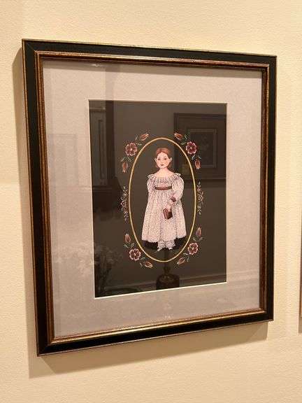 Vintage Primitive Print of Victorian Girl signed by Arlene B. Kaminsky…..15-1/2 x 17-1/2 image