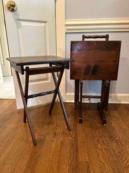 Set of vintage smaller TV trays with stand…..15 x 12 x 21 tall…..one has been repaired but still functional image