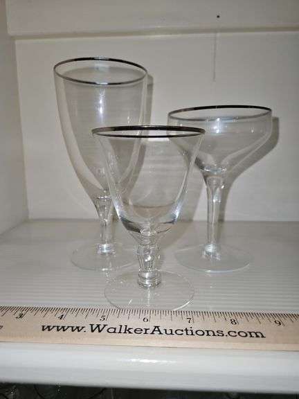 Set of 16 platinum rimmed glasses...six each of three sizes... image