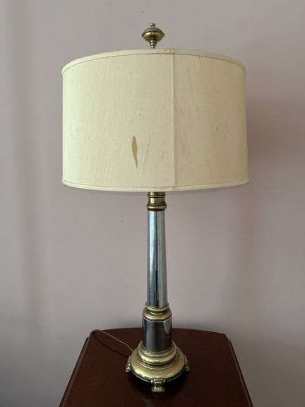 Uniqueness designed Brass and silver toned lamp with wide round shade (has spot)…..30-3/4” tall image