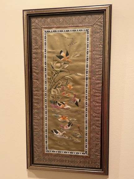 Beautifully designed and framed Chinese Embroidery on Silk….13-3/8 x 25-1/2 image