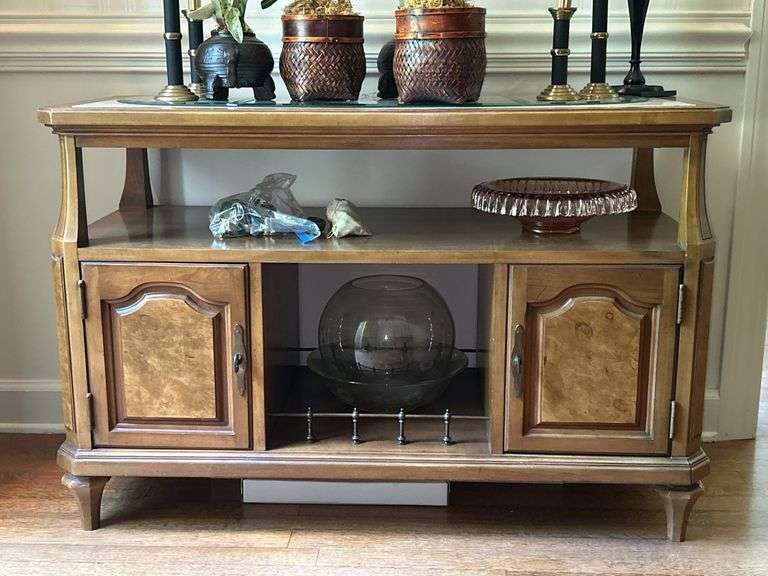 Vintage maple(?) buffet/bar cabinet with faux marble inlay (cracked)…..OTHER CONTENTS NOT INCLUDED…..42 x 18 x 28-1/2 tall image