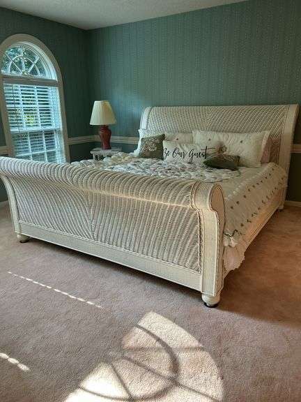 King size wicker sleigh bed and all linens and mattresses…..small blemishes (see pics) image