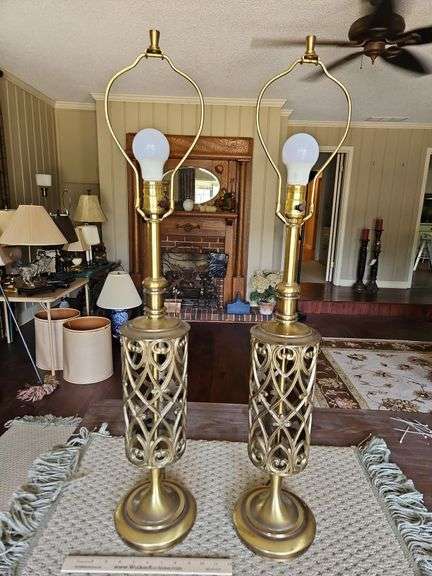 Pair of MCM Vintage 35.5" Tall(to top of finial) Stiffel Brass Table Lamps... image