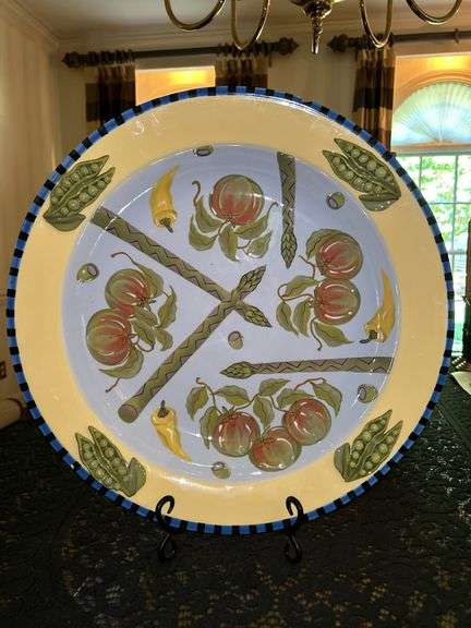 Gorgeous Capriware large serving bowl with 3-D peas in pods…..there is chipping but still makes for a beautiful piece…..￼17-1/4”D x 2-3/4” tall…..the 2 bigger chips are shown front & back…..also includes Savoir Vivre Portofino Pasta Bowl….12-1/4”D x 4-1/4” tall….small chipping as well (see all pics) image
