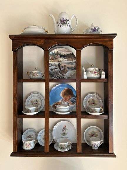 Wooden display wall display and contents…..some have chips or have been repaired…..most are from Japan…..duck plate is by Knowles…..23-3/4 x 4-3/4 x 27 tall image