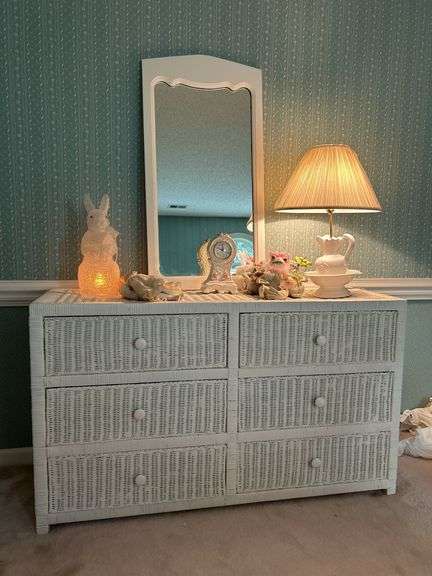 White wicker 6-drawer dresser and mirror (detached but has hooks for wall)…..54 x 18 x 31 tall…..OTHER CONTENTS NOT INCLUDED…..top has slight indentation on top from where lamp was sitting image