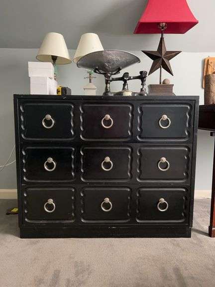 MCM 3-Drawer chest…..38 x 18 x 31-1/2 tall…..has been painted black and paint is peeling in small area…..very similar to Dorothy Draper by Heritage Henredon image
