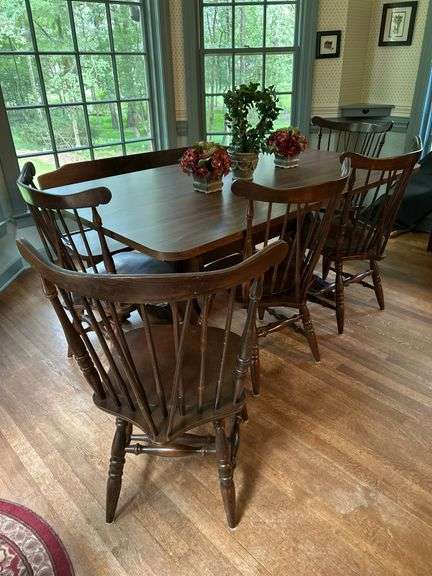Well loved table with (5) spindle back chairs and farmhouse-style bench…..table measures 72 x 41-1/2 x 30 tall…..each chair is 17-3/4 x 16 x 18 to seat (36 tall overall)…..bench is 58 x 16-1/4 x 16-1/2 to seat (30-1/2 tall overall) image