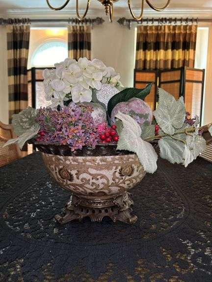 Decorative iron and porcelain bowl with artificial florals and fruit…..approx. 16”D x 8” tall (bowl only) image