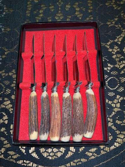 Set of 6 HOFFRITZ steak knives with stag handles in original box image