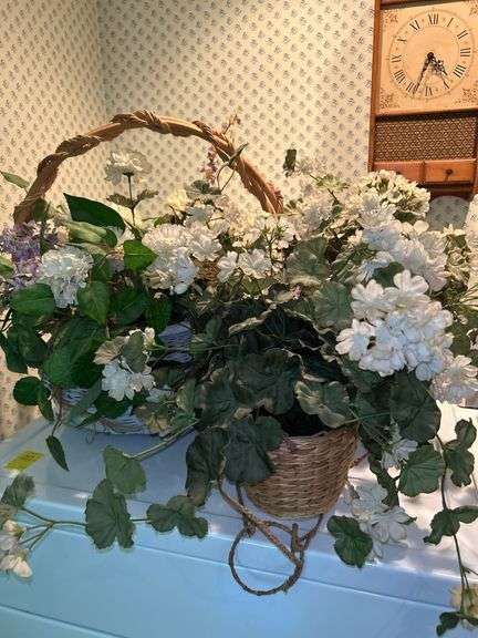 (3) basket with artificial florals…..2 smaller are hanging baskets image